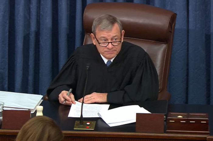 U.S. Supreme Court Chief Justice John Roberts presides over impeachment proceedings for President Donald Trump in the Senate at the U.S. Capitol on Jan. 21, 2020, in Washington, D.C.