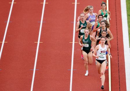 Athletes compete in the 5,000-meter final during the Oregon Relays at Hayward Field on April 23, 2021 in Eugene, Oregon.