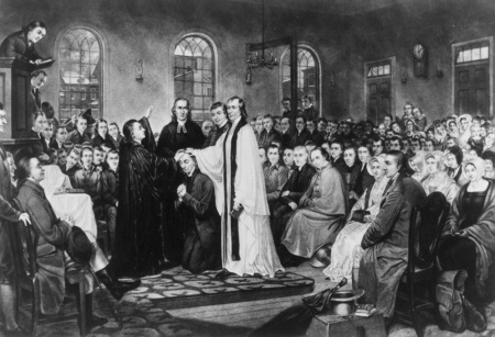 The ordination of Francis Asbury at the Methodist Episcopal Church's 'Christmas Conference,' which was held at Lovely Lane Chapel in Baltimore, Maryland, from Christmas Eve 1784 to early January 1785.