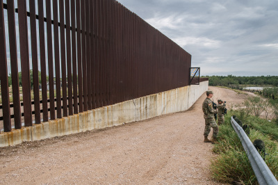 U.S. National Guard members patrol an unfinished section of border wall on November 18, 2021, in La Joya, Texas. U.S. Customs and Border Protection (CBP) recorded more than 164,000 apprehensions of illegal migrants in October.