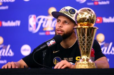 Stephen Curry No. 30 of the Golden State Warriors speaks to the media after defeating the Boston Celtics 103-90 in game six to win the 2022 NBA Finals at TD Garden on June 16, 2022, in Boston, Massachusetts.