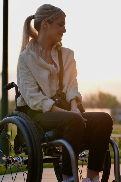 Emma Benoit in her wheelchair