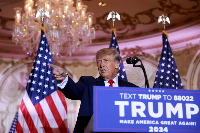 Former U.S. President Donald Trump speaks during an event at his Mar-a-Lago home on Nov. 15, 2022 in Palm Beach, Florida. Trump announced that he was seeking another term in office and officially launched his 2024 presidential campaign.