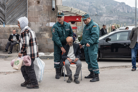 Armenian refugees from Nagorno-Karabakh are seen in the center of the town of Goris on October 1, 2023, before being evacuated in various Armenian cities. A United Nations mission arrived in Nagorno-Karabakh on October 1, 2023, Azerbaijan said, after almost the entire ethnic-Armenian population fled since Baku recaptured the breakaway enclave. Armenians, who had controlled the region for three decades, agreed to disarm, dissolve their government and reintegrate with Baku following a one-day Azerbaijani offensive last week.