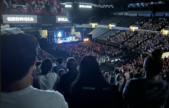 Students from the University of Georgia gather at nearby Stegeman Coliseum in Athens, Georgia, to attend a gathering by the student evangelism group Unite US on April 3, 2024.