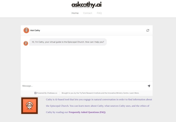 The homepage for The Episcopal Church chatbot website, known as AskCathy.ai, accessed August 12, 2024.