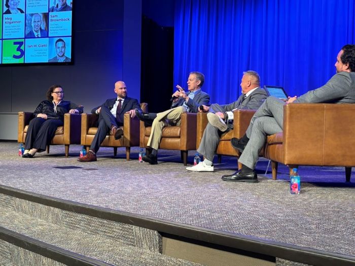 Former Kansas Gov. Sam Brownback (middle) speaks while on a religious liberty panel as part of The Christian Post's 'Politics in the Pews' event at Fellowship Church in Grapevine, Texas, on Aug. 27, 2024. He was joined by First Liberty Institute Senior Counsel Jeremy Dys (second from left), former high school football coach Joe Kennedy (second from right) and FRC Senior Fellow Meg Kilgannon (left). Christian Post reporter Ian M. Giatti (right) moderated the panel.