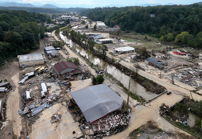 An aerial view of flood damage wrought by Hurricane Helene along the Swannanoa River on Oct. 3, 2024, in Asheville, N.C. At least 200 people were killed in six states in the wake of the powerful hurricane which made landfall as a Category 4.