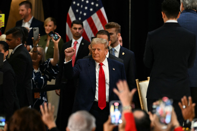 Former U.S. President and then Republican candidate Donald Trump attends a roundtable discussion with Latino community leaders at Trump National Doral Miami resort in Miami, Florida on Oct. 22, 2024.