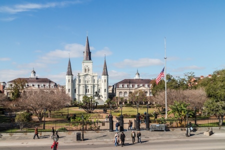The Cathedral of St. Louis overlooks Jackson Square in New Orleans, Louisiana.