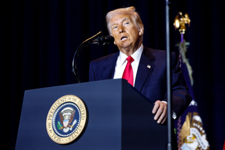 U.S. President Donald Trump speaks during the National Prayer Breakfast at the Washington Hilton in Washington, DC, on Feb. 6, 2025.