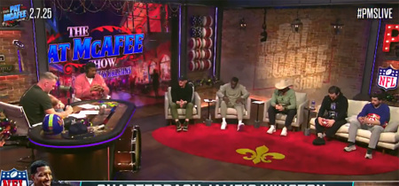 Jameis Winston prays on the set of the 'Pat McAffee Show' on ESPN.