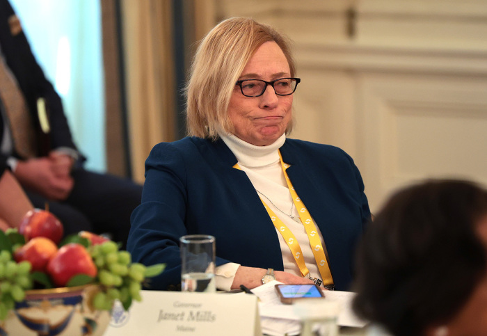 Gov. Janet Mills, D-Maine, challenges U.S. President Donald Trump over allowing men to compete in women's sports as Trump addresses a meeting of governors at the White House on Feb. 21, 2025, in Washington, D.C. President Trump is hosting a bipartisan group of governors for a working session at the White House as part of the The National Governors Association winter meetings.