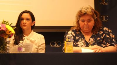 Tablet Magazine writer Maggie Phillips (L) and National Review Institute Senior Fellow Kathryn Jean Lopez (R) speak during the conference, “Catholics and Antisemitism — Facing the Past, Shaping the Future.' The Philos Project and the Catholic Information Center hosted the event on March 10, 2025, in Washington, D.C.