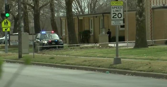 A police car is outside of Saint Patrick Catholic Church of Wichita, Kansas, in March 2025, shortly after the congregation discovered vandalism inside the sanctuary.