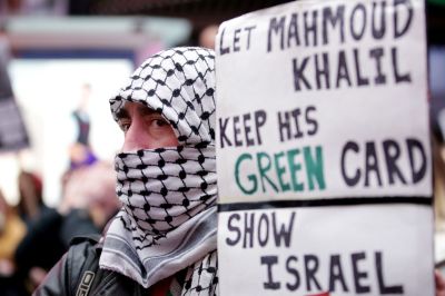 Pro-Palestinian activists participate in a 'Fight for our Rights' rally and in support of Mahmoud Khalil, in New York's Times Square on March 15, 2025. Khalil, a recent graduate and one of the most prominent faces of the university's high-profile protests, was arrested by US immigration officials over the weekend despite holding a permanent residency green card. Protesters in New York and rights groups have expressed outrage over the arrest of Khalil, a leader of pro-Palestinian demonstrations at Columbia University, as President Donald Trump vowed further crackdowns.