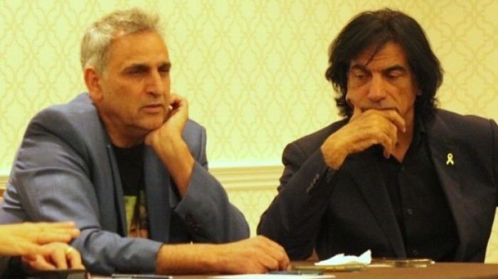 Michel Illouz (L) and Eli Shtivi (R), whose sons were murdered after Hamas kidnapped them, spoke during a panel discussion on March, 11, 2025, in Washington, D.C.