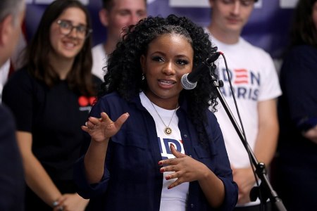 U.S. Congresswoman Jasmine Crockett speaking with attendees at an office opening for the Joe Biden for President campaign in Phoenix, Arizona, on July 19, 2024.
