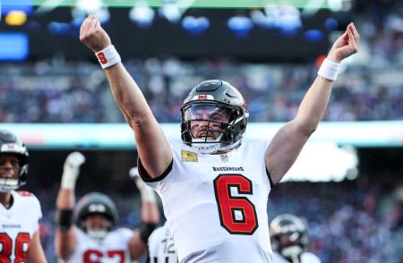 Baker Mayfield of the Tampa Bay Buccaneers celebrates after scoring a rushing touchdown against the New York Giants during the second quarter at MetLife Stadium on Nov. 24, 2024 in East Rutherford, New Jersey.