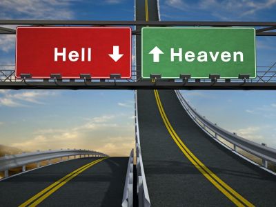Heaven and Hell signs and roads going up and down