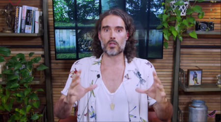 A screenshot of actor Russell Brand in a YouTube video from September 15, 2023.
