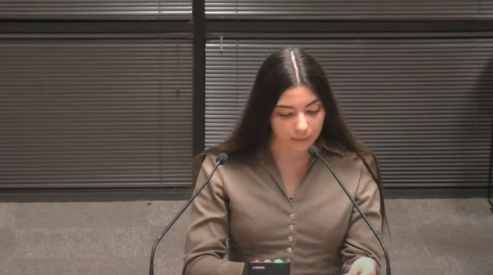 Former Athens Drive High School student Lorena Benson raises concerns about a sexually explicit book in her high school English class at a board of education meeting in Wake County, North Carolina, Sept. 17, 2024.
